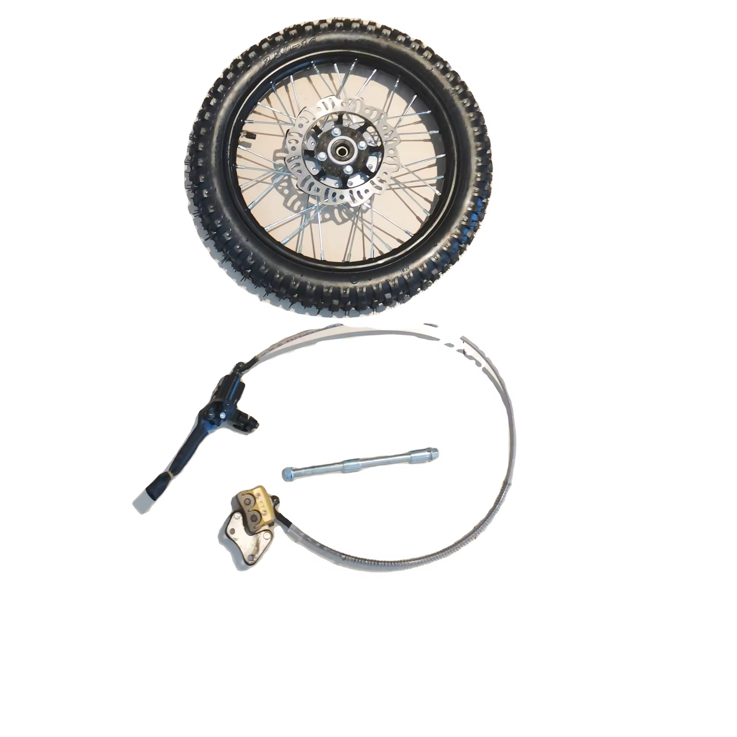 Spoke front wheel set includes wheel, disc brake, axle